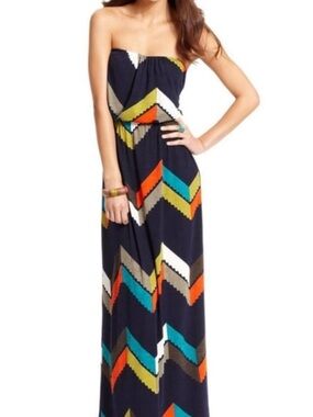 Trixxi Navy Strapless Chevron Maxi Dress with Orange, Teal, Yellow & White